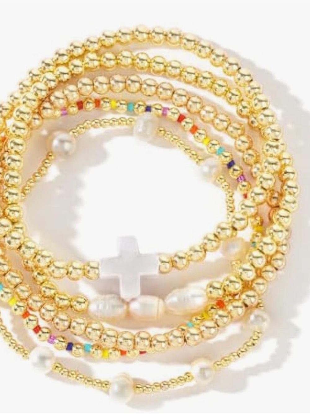 Gold Pearl Stackable Beaded Bracelet Set with White Cross Accent - Picture 3 of 14